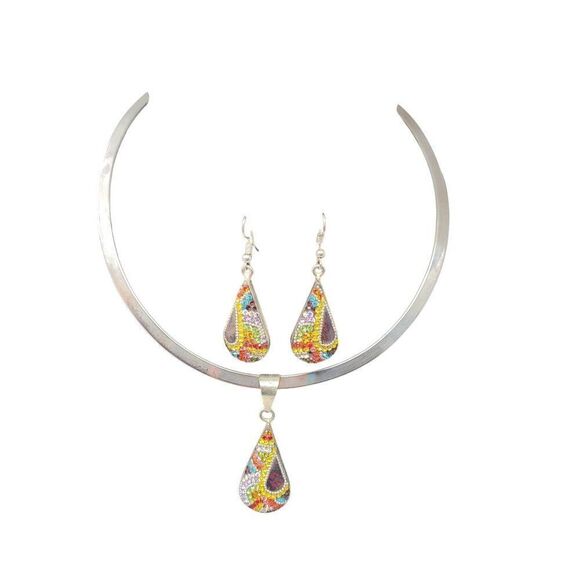 Artisan 925 Teardrop Multicolor Micro Mosaic Crystal Torque Necklace Earring Set - Picture 2 of 16